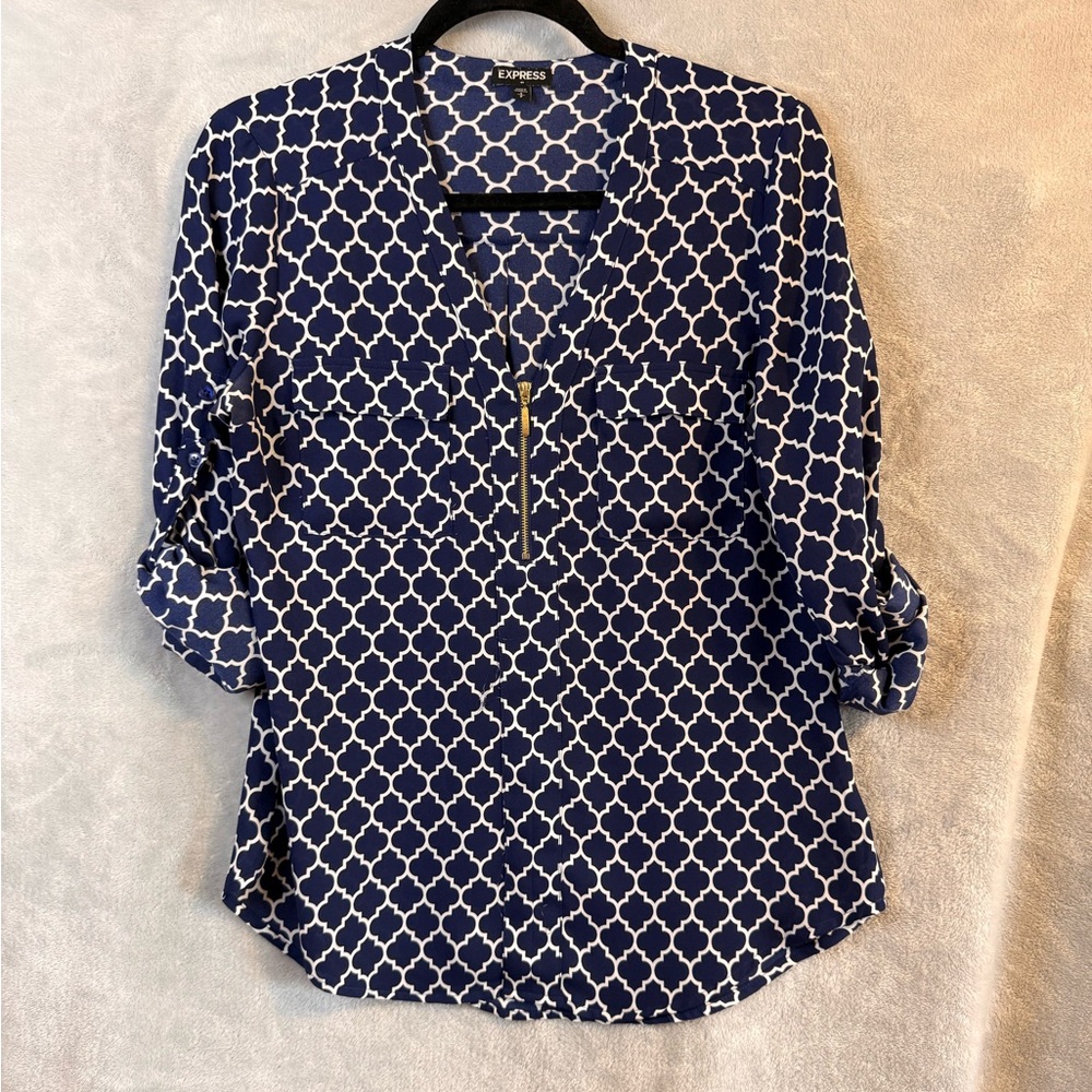 Express Navy and White Geometric V-Neck Blouse with Zip Detail